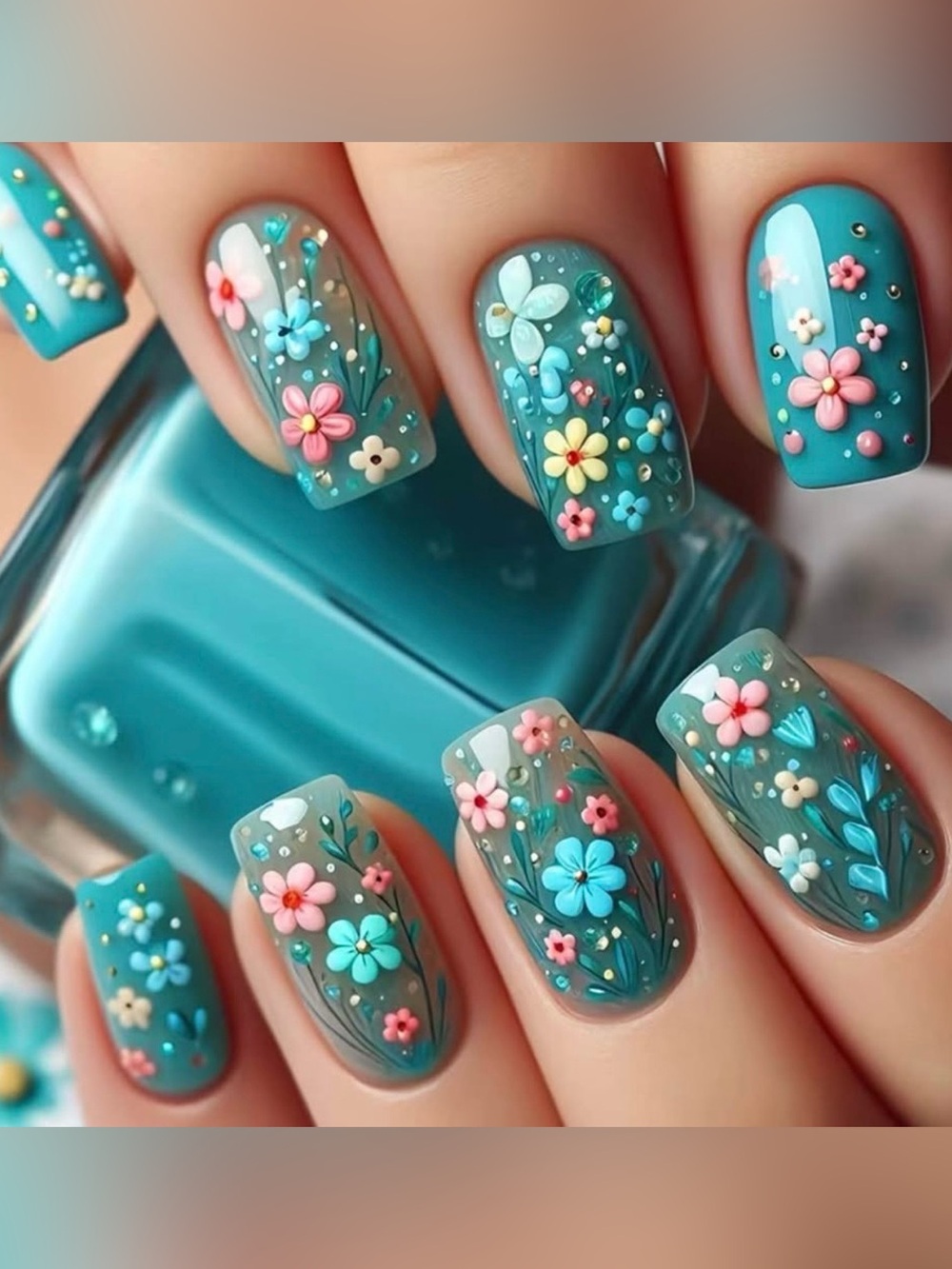 🌼 24 Pcs Blue Spring Floral Short Press on Nail Set Square Fake Nails w Flowers